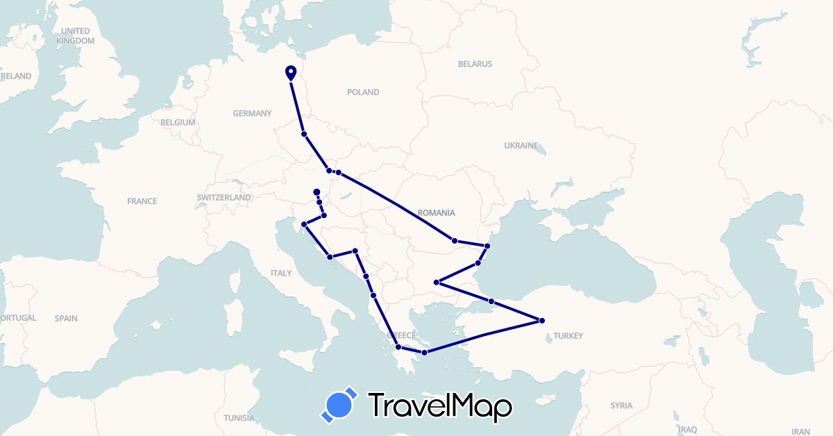 TravelMap itinerary: driving in Albania, Austria, Bosnia and Herzegovina, Bulgaria, Czech Republic, Germany, Greece, Croatia, Montenegro, Romania, Slovenia, Slovakia, Turkey (Asia, Europe)