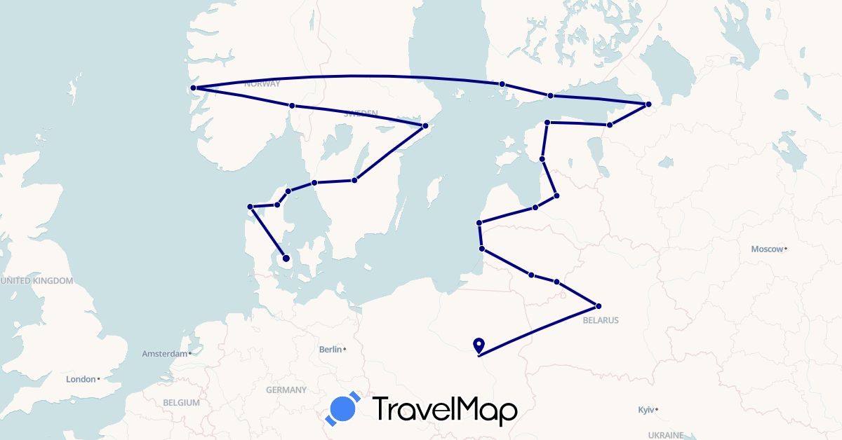 TravelMap itinerary: driving in Belarus, Denmark, Estonia, Finland, Lithuania, Latvia, Norway, Poland, Russia, Sweden (Europe)